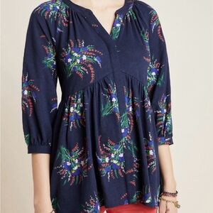 Maeve Anthropologie navy floral long sleeve button down tunic blouse size M